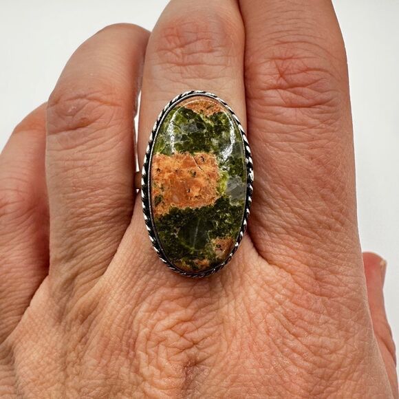 Genuine unakite jasper cabochon ring in solid Sterling silver! - Picture 3 of 11